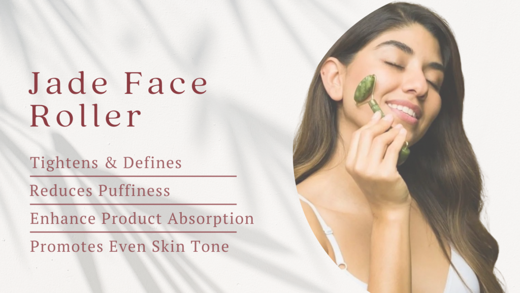 How to use a jade face roller on the cheeks: rolling from the center of the face outward to reduce puffiness and improve skin texture.